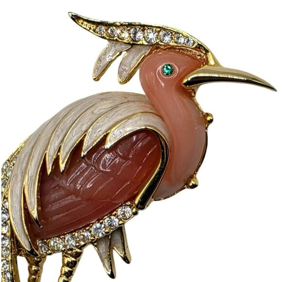 Hattie Carnegie Heron Bird Brooch Pin Coral Lucite Rhinestone Egret Unsigned VTG - Picture 5 of 10